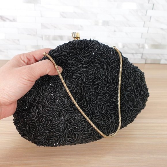 VINTAGE Black Beaded Clutch Formal Evening Purse Allover Gatsby Retro LA REGALE - Picture 2 of 10